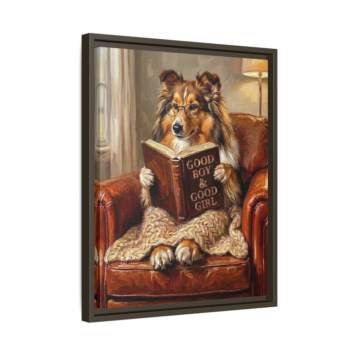 "Evening Read" - Shetland Sheepdog Vertical Framed Canvas - Dog Lover Wall Art