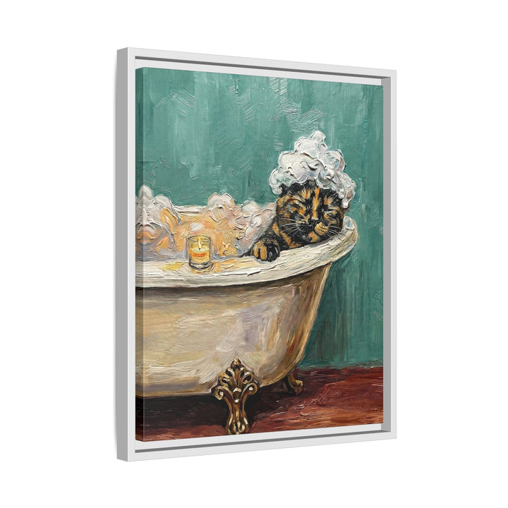 "Spa Day" - Tortoiseshell Vertical Framed Canvas - Cat Lover Wall Art