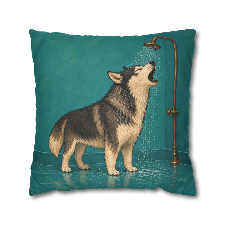 Shower Solo – Funny Bathroom Art with a Howling Husky – Pillow / Cover