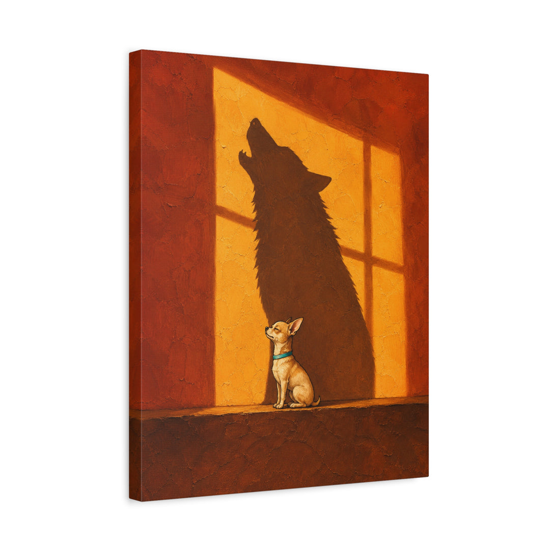 The Inner Wolf – Dog Wall Art with a Tiny Sitter and a Towering Shape – Canvas / Framed Canvas