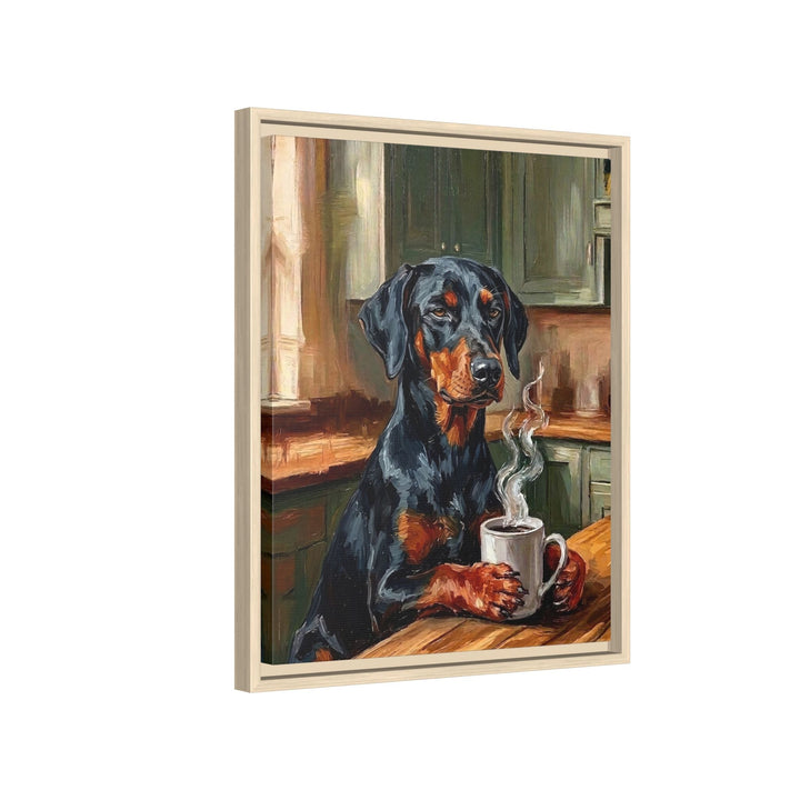 "Before Coffee" - Doberman Vertical Framed Canvas - Dog Lover Wall Art