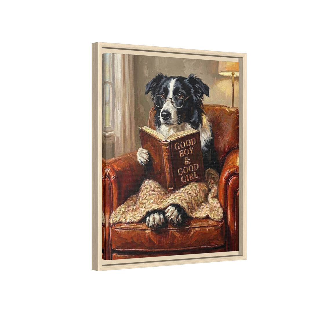"Evening Read" - Border Collie Vertical Framed Canvas - Dog Lover Wall Art