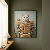 "Morning Business" - White Shorthair Vertical Canvas - Cat Lover Wall Art