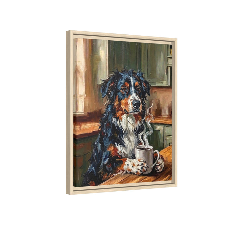 "Before Coffee" - Australian Shepherd Vertical Framed Canvas - Dog Lover Wall Art