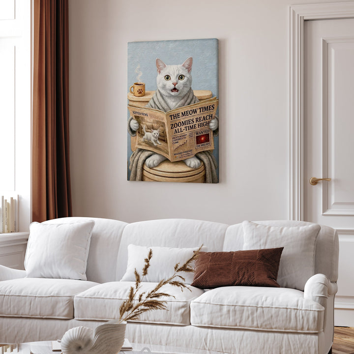 "Morning Business" - White Shorthair Vertical Canvas - Cat Lover Wall Art