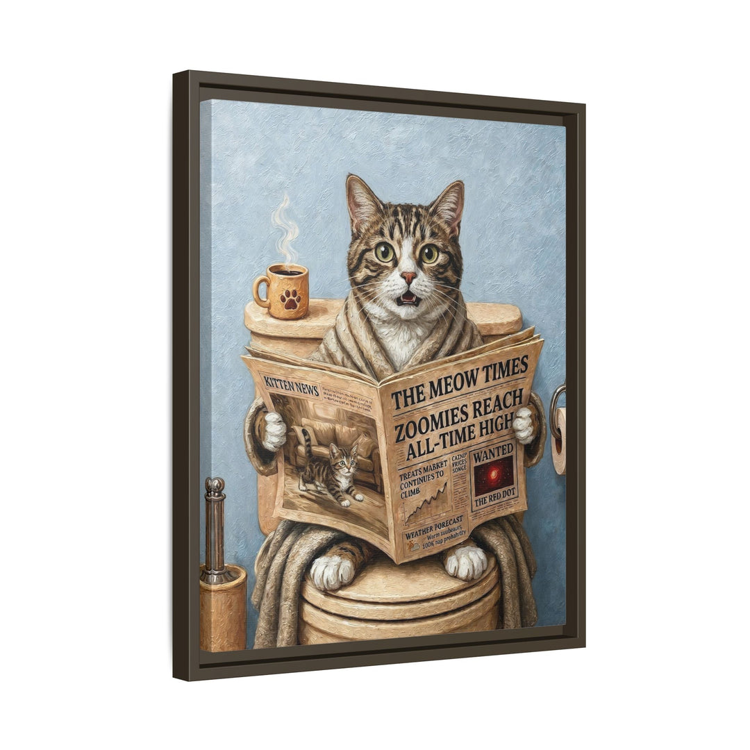 "Morning Business" - Brown Tabby & White Vertical Framed Canvas - Cat Lover Wall Art