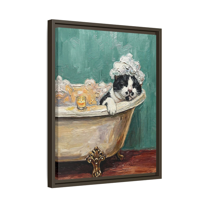 "Spa Day" - Black & White Bicolor Vertical Framed Canvas - Cat Lover Wall Art