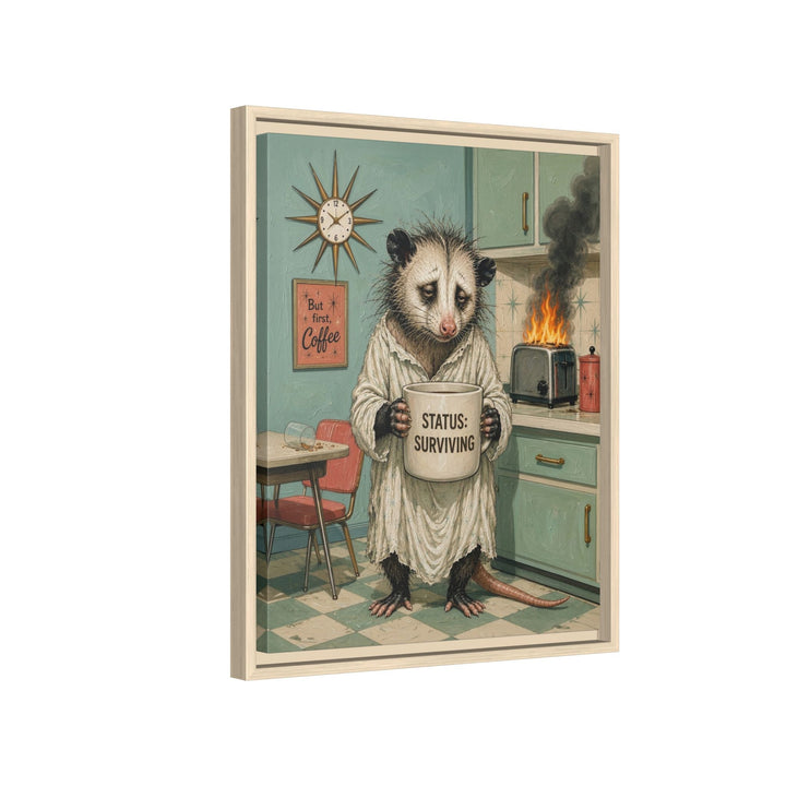 "Status Surviving" - Opossum Vertical Framed Canvas - Dark Burnout Humor Wall Art