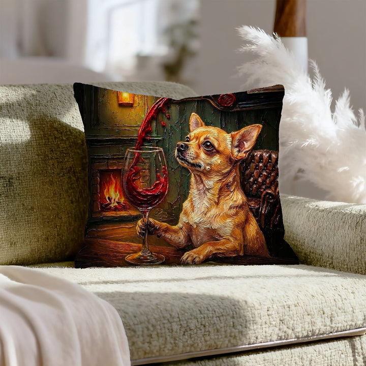 "Wine & Woof" - Chihuahua Pillow Cover - Dog Lover Home Decor
