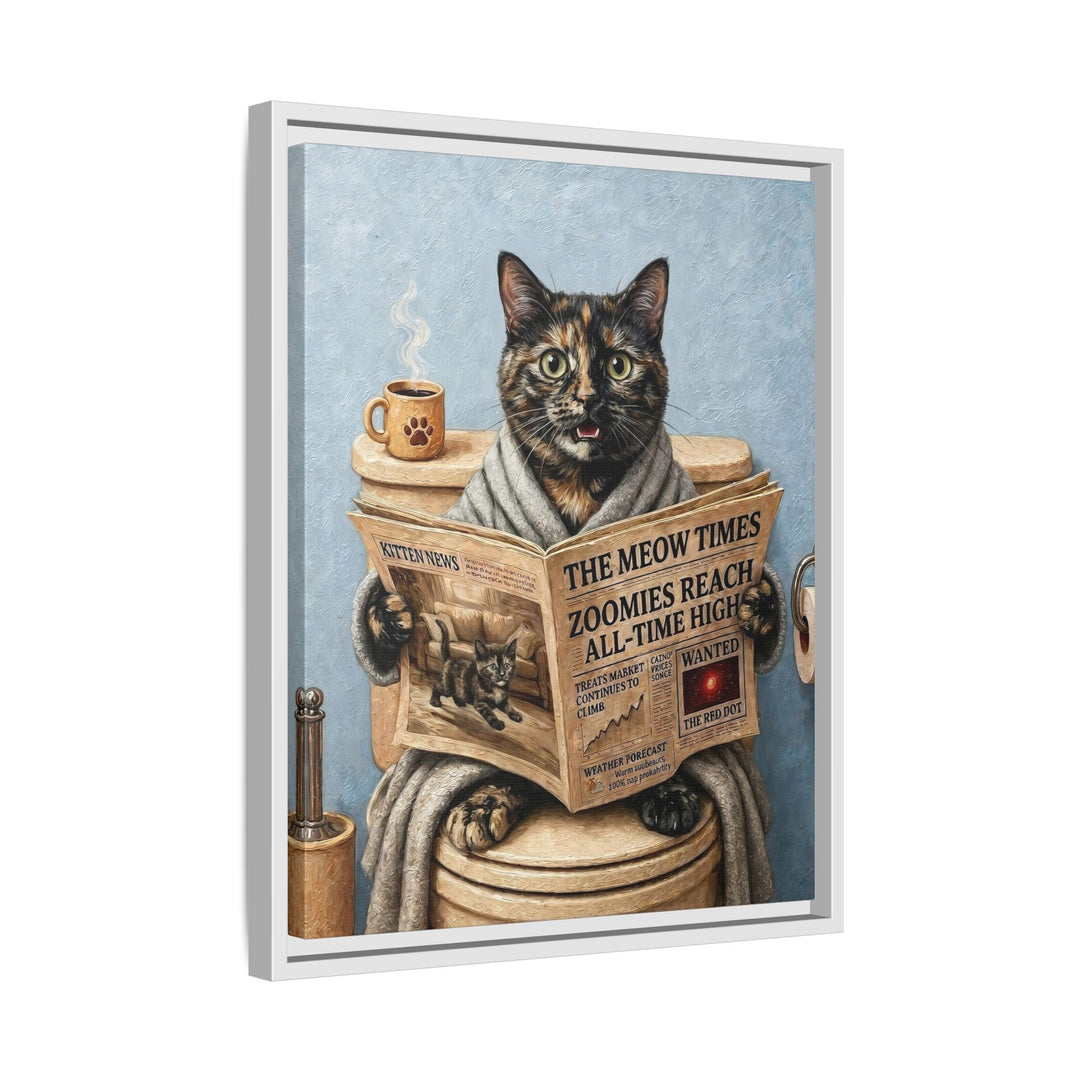 "Morning Business" - Tortoiseshell Vertical Framed Canvas - Cat Lover Wall Art
