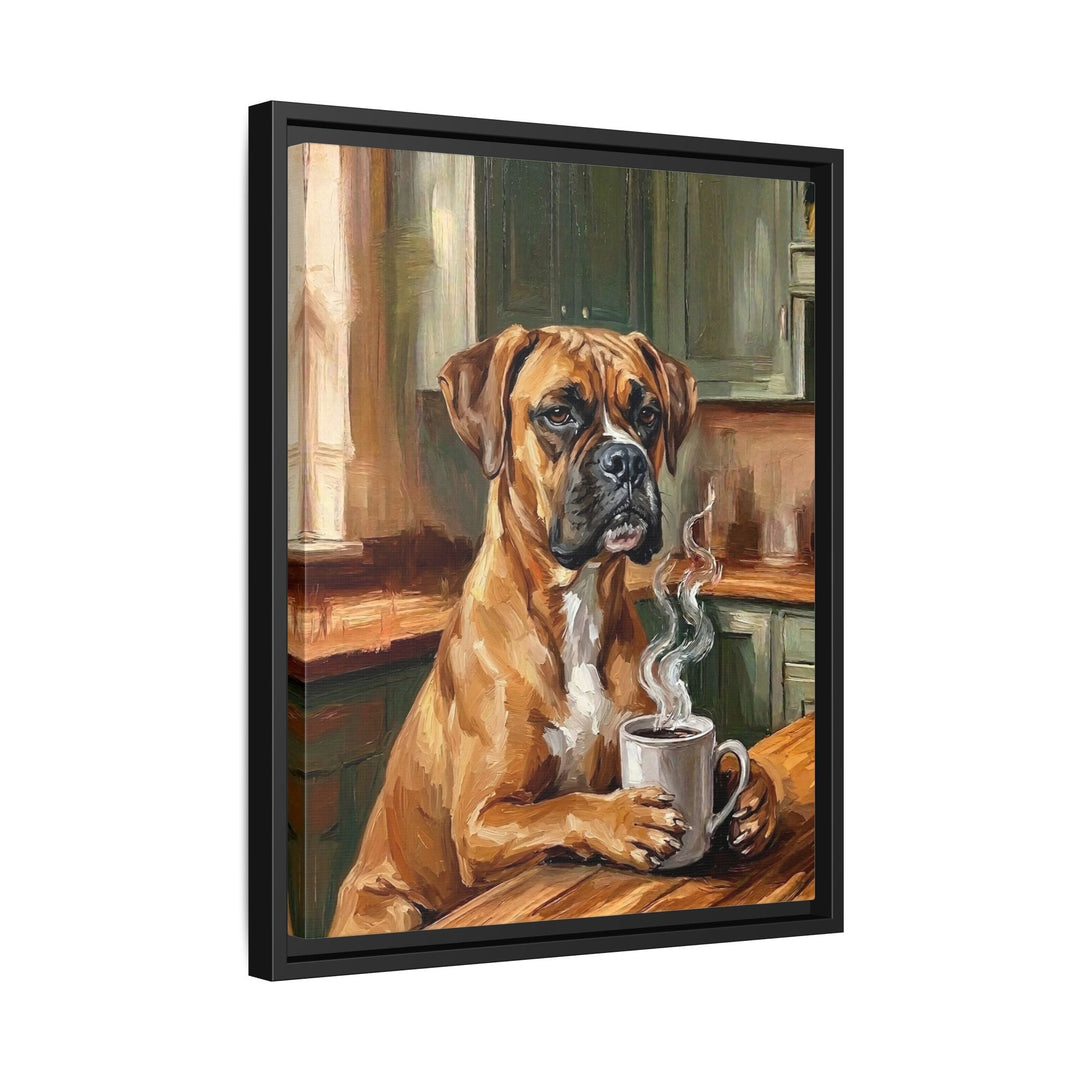 "Before Coffee" - Boxer Vertical Framed Canvas - Dog Lover Wall Art