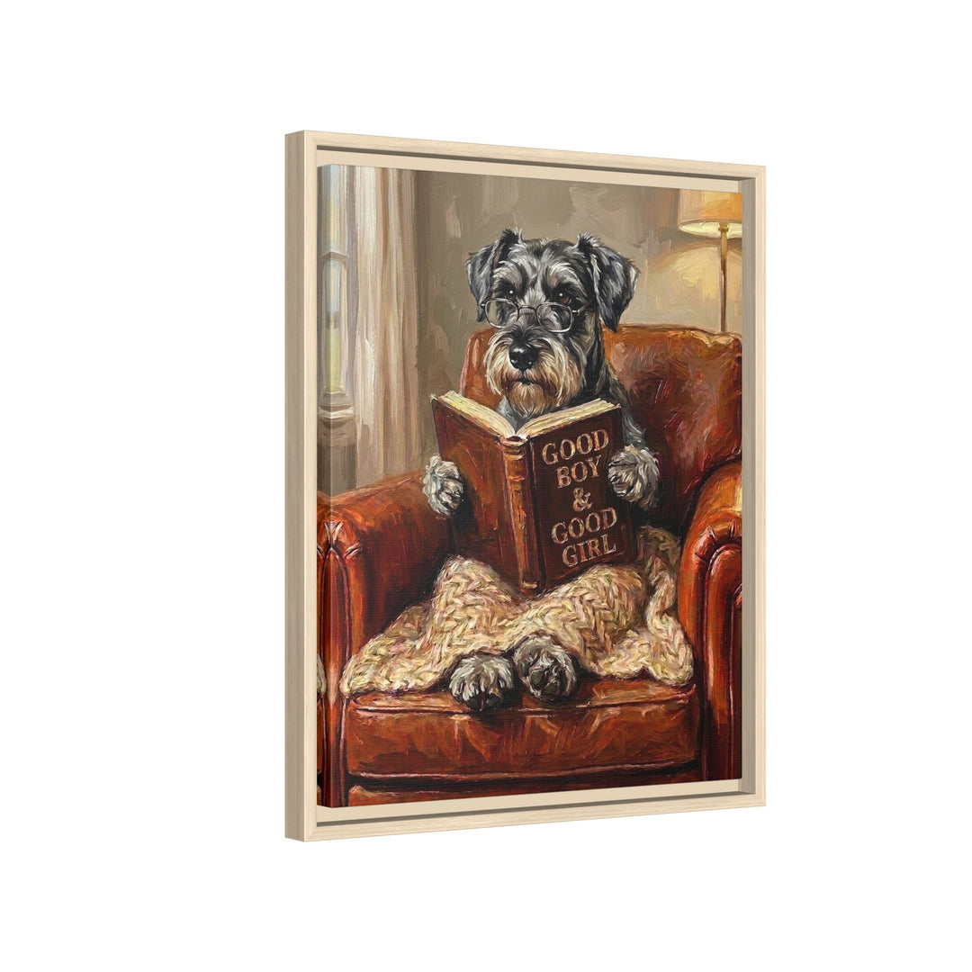 "Evening Read" - Schnauzer Vertical Framed Canvas - Dog Lover Wall Art
