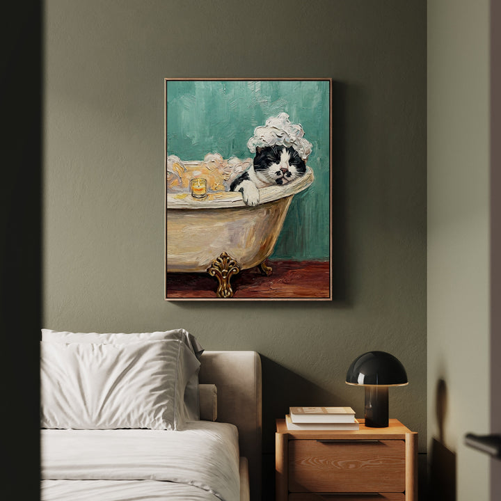 "Spa Day" - Black & White Bicolor Vertical Framed Canvas - Cat Lover Wall Art