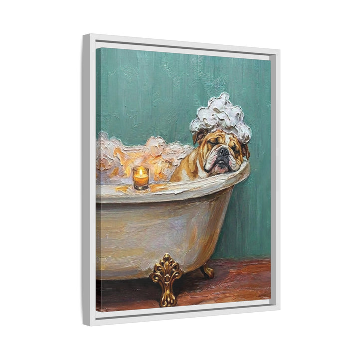 "Spa Day" - English Bulldog Vertical Framed Canvas - Dog Lover Wall Art