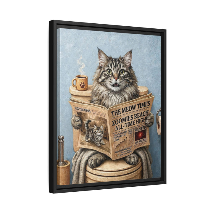 "Morning Business" - Fluffy Tabby Longhair Vertical Framed Canvas - Cat Lover Wall Art