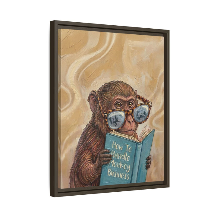 "Monkey Business" - Monkey Vertical Framed Canvas - Animal Book Humor Wall Art