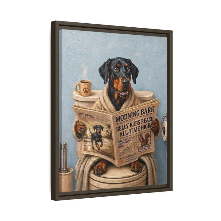 "Morning Business" - Doberman Vertical Framed Canvas - Dog Lover Wall Art