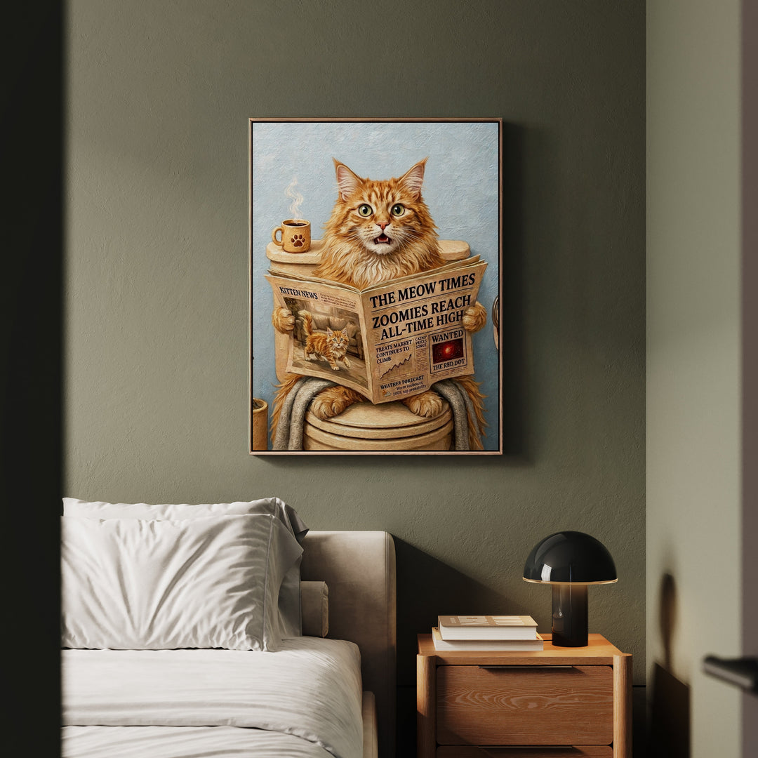 "Morning Business" - Fluffy Orange Longhair Vertical Framed Canvas - Cat Lover Wall Art