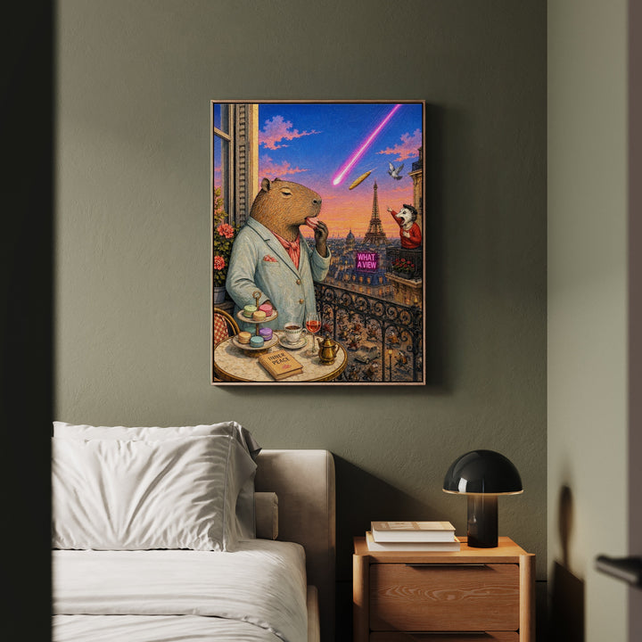 "What a View" - Capybara Vertical Framed Canvas - Dark Burnout Humor Wall Art