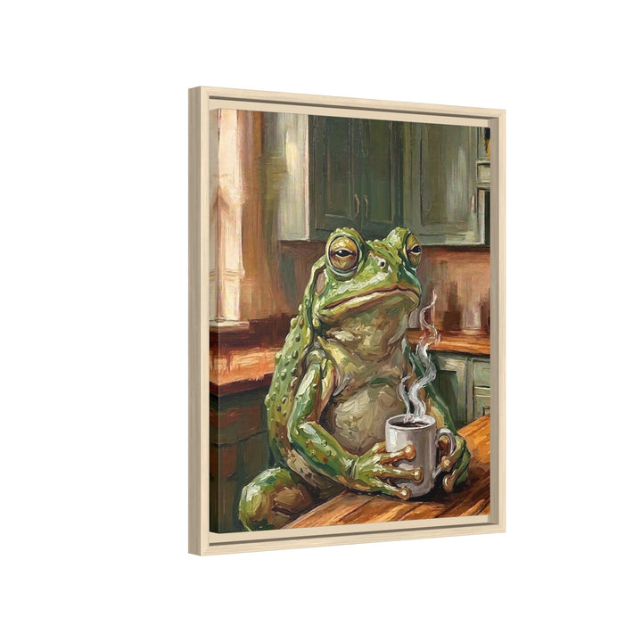 "Coffee & Silence" - Frog Vertical Framed Canvas - Spirit Animal Wall Art