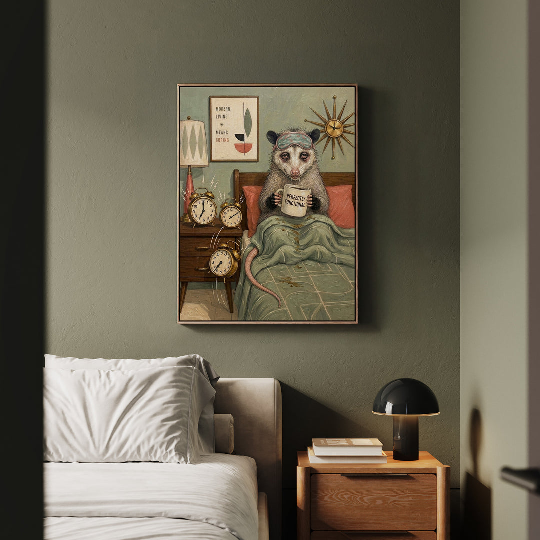 "Perfectly Functional" - Opossum Vertical Framed Canvas - Dark Burnout Humor Wall Art