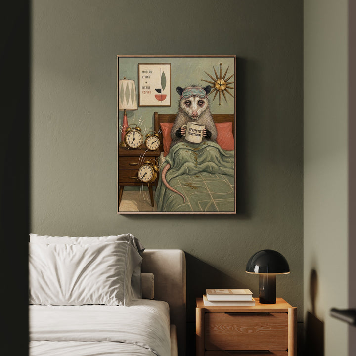 "Perfectly Functional" - Opossum Vertical Framed Canvas - Dark Burnout Humor Wall Art