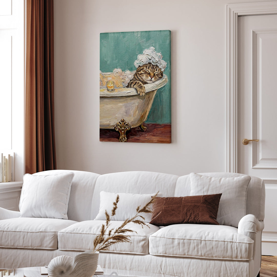 "Spa Day" - Classic Tabby Vertical Canvas - Cat Lover Wall Art