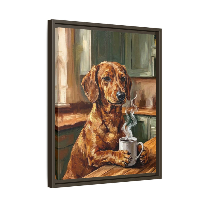 "Before Coffee" - Dachshund Vertical Framed Canvas - Dog Lover Wall Art