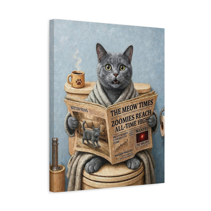 "Morning Business" - Solid Grey Vertical Canvas - Cat Lover Wall Art