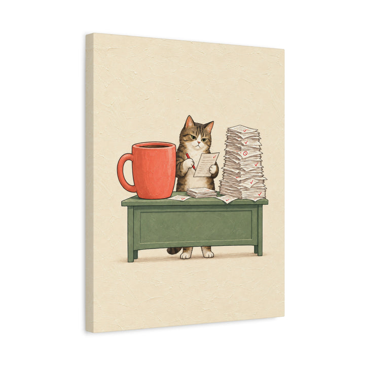Teacher Fuel – Teacher Wall Art with a Cat and a Grading Mountain – Canvas / Framed Canvas