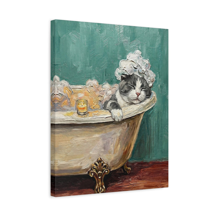 "Spa Day" - Grey & White Bicolor Vertical Canvas - Cat Lover Wall Art