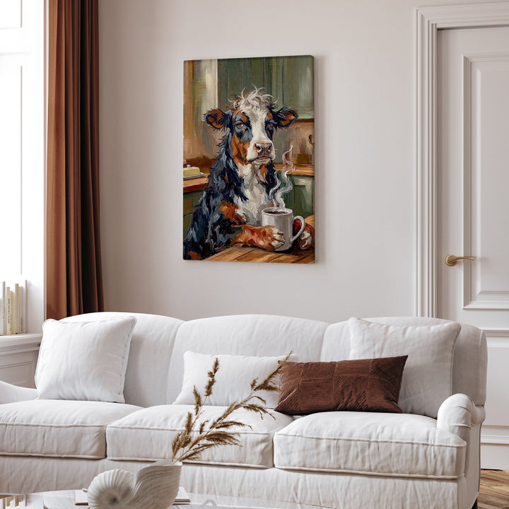 "Coffee & Silence" - Cow Vertical Canvas - Spirit Animal Wall Art