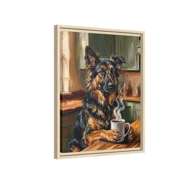 "Before Coffee" - German Shepherd Vertical Framed Canvas - Dog Lover Wall Art