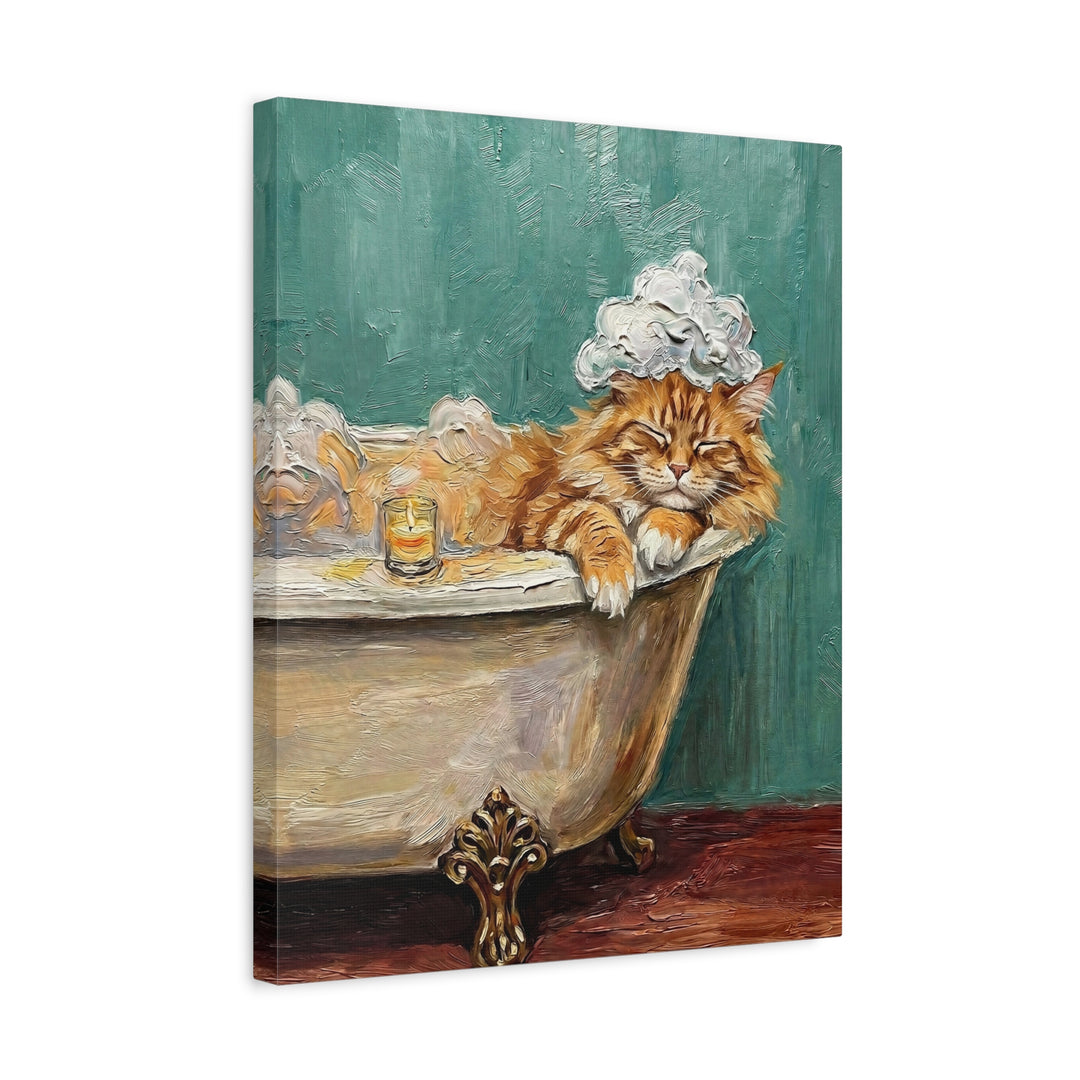 "Spa Day" - Fluffy Orange Longhair Vertical Canvas - Cat Lover Wall Art