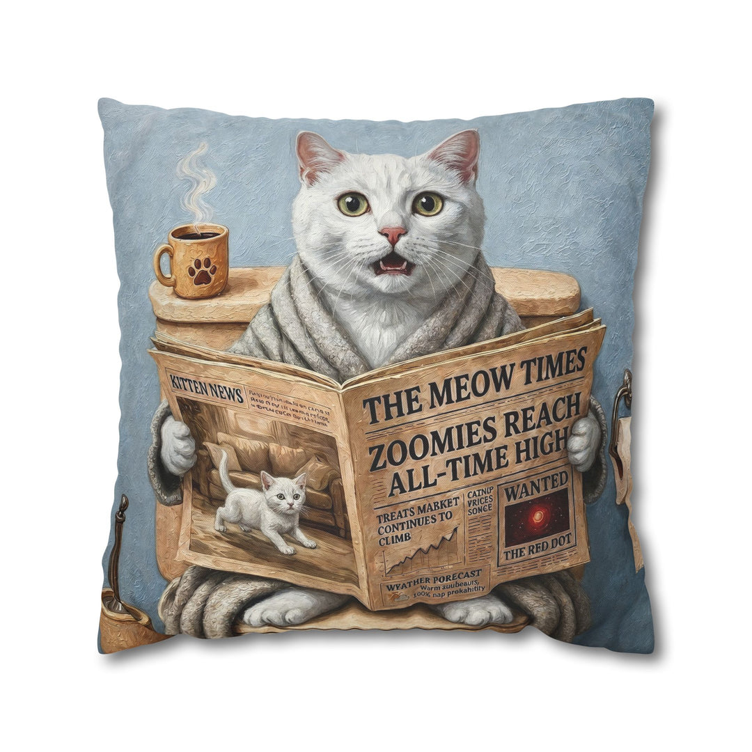 "Morning Business" - White Shorthair Throw Pillow - Cat Lover Home Decor