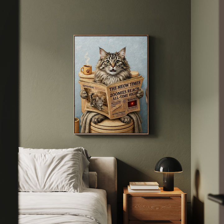 "Morning Business" - Fluffy Tabby Longhair Vertical Framed Canvas - Cat Lover Wall Art