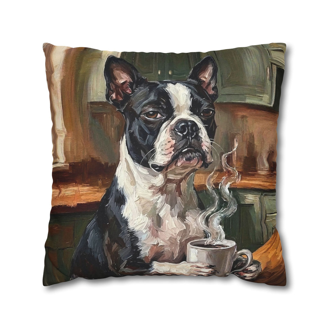 "Before Coffee" - Boston Terrier Pillow Cover - Dog Lover Wall Art Home Decor