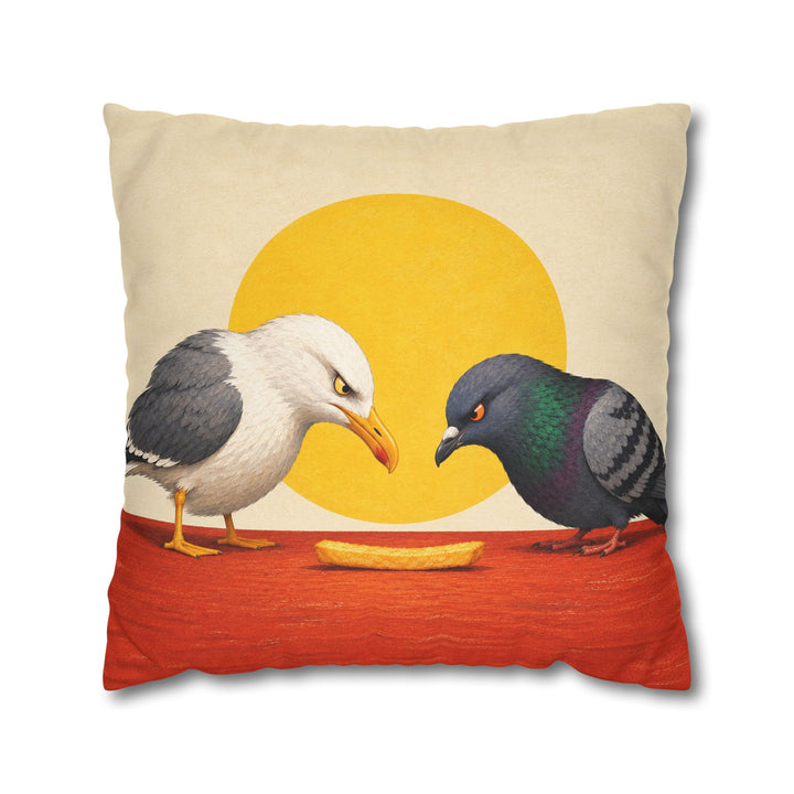 The Last Fry – Funny Kitchen Art with a Seagull and Pigeon Standoff – Pillow / Cover