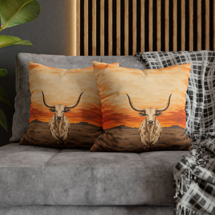 Longhorn Sunset – Western Wall Art with a Horned Silhouette at Dusk – Pillow / Cover