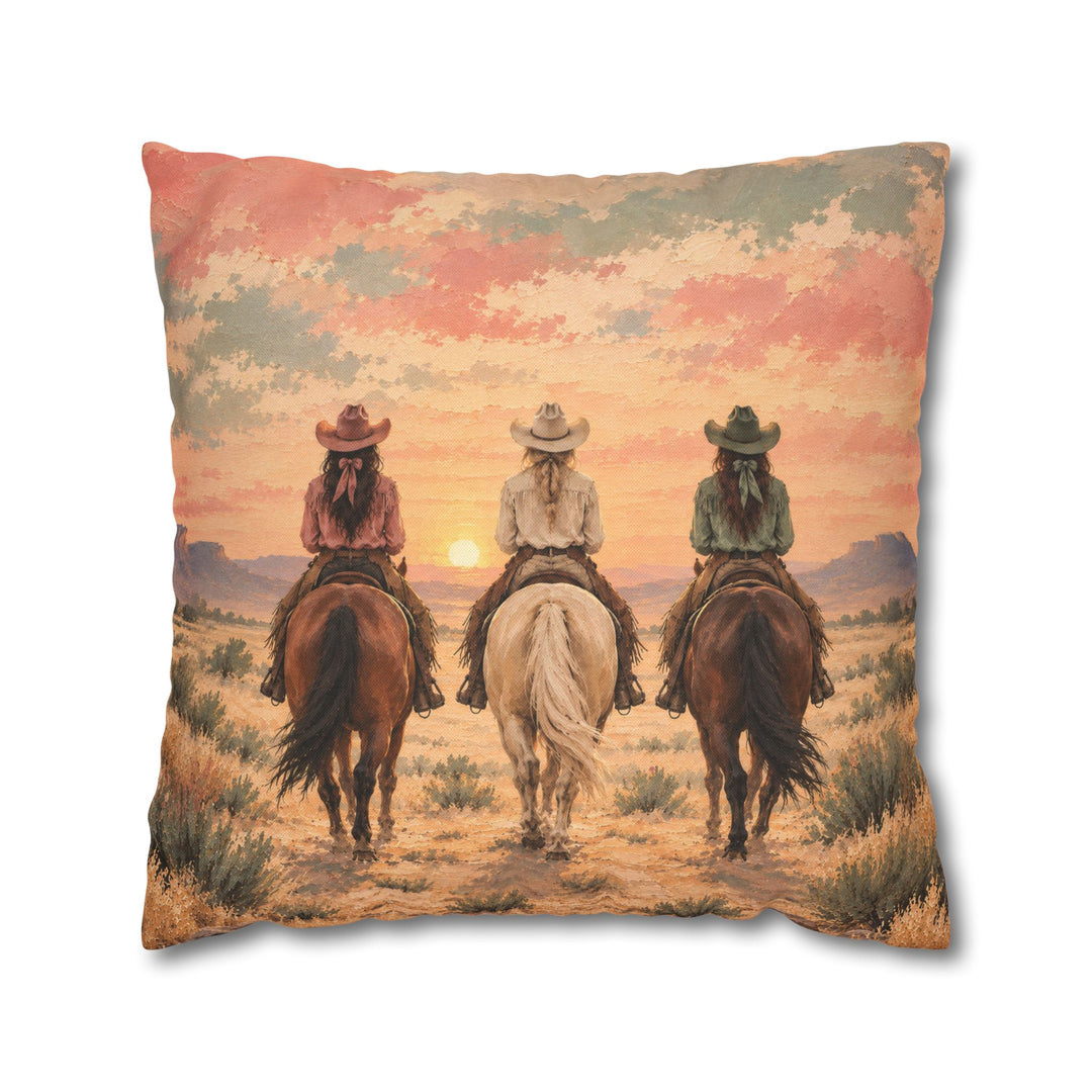 Dawn Ride, Backs Turned – Cowgirl Wall Art with Three Riders at First Light – Pillow / Cover