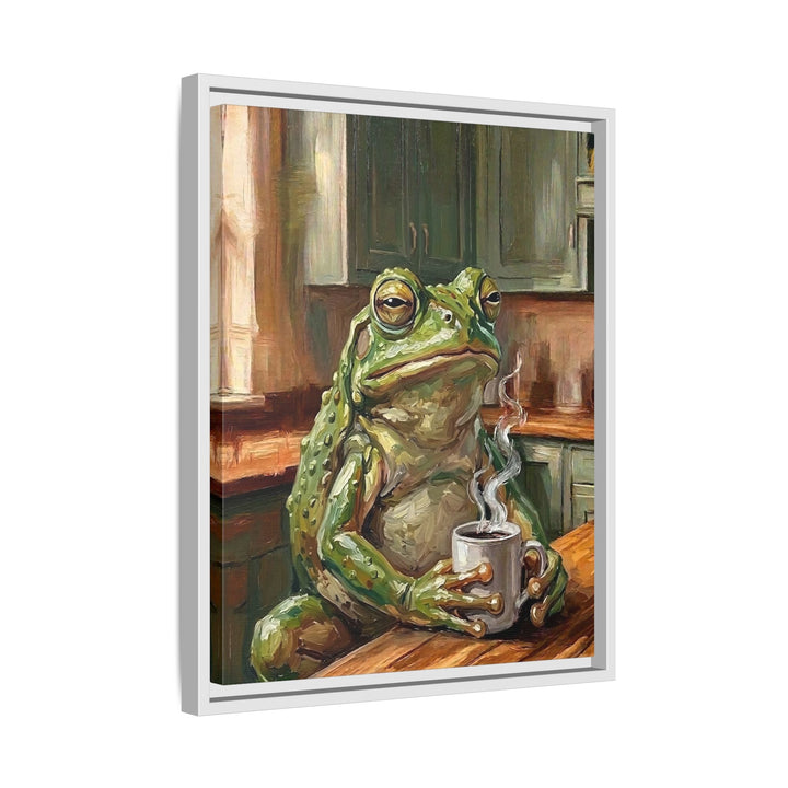 "Coffee & Silence" - Frog Vertical Framed Canvas - Spirit Animal Wall Art