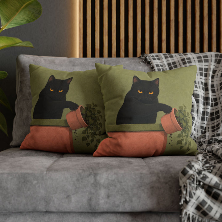 Plant Assassin – Funny Cat Art with a Potted Victim and Eye Contact – Pillow / Cover