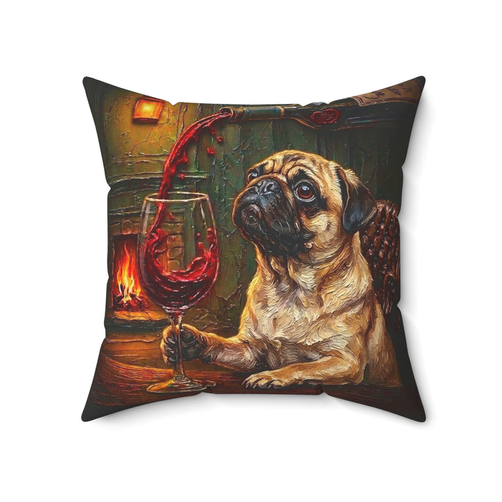"Wine & Woof" - Pug Throw Pillow - Dog Lover Home Decor