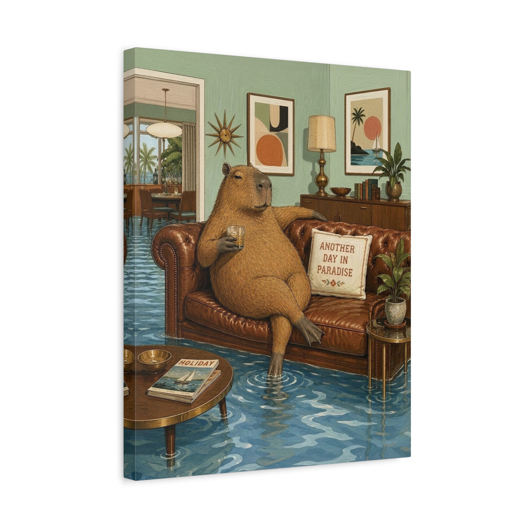 "Another Day in Paradise" - Capybara Vertical Canvas - Dark Burnout Humor Wall Art