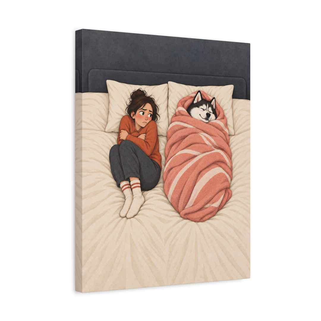 The Blanket Thief – Above Bed Art with a Husky and a Stolen Duvet – Canvas / Framed Canvas