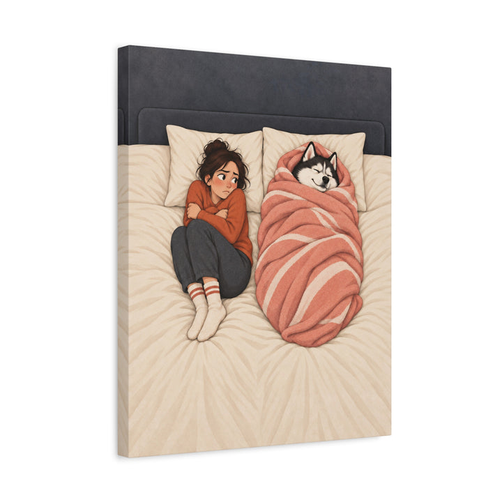 The Blanket Thief – Above Bed Art with a Husky and a Stolen Duvet – Canvas / Framed Canvas