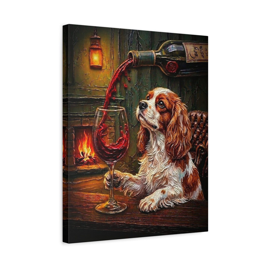 "Wine & Woof" - Cavalier King Charles Vertical Canvas - Dog Lover Wall Art