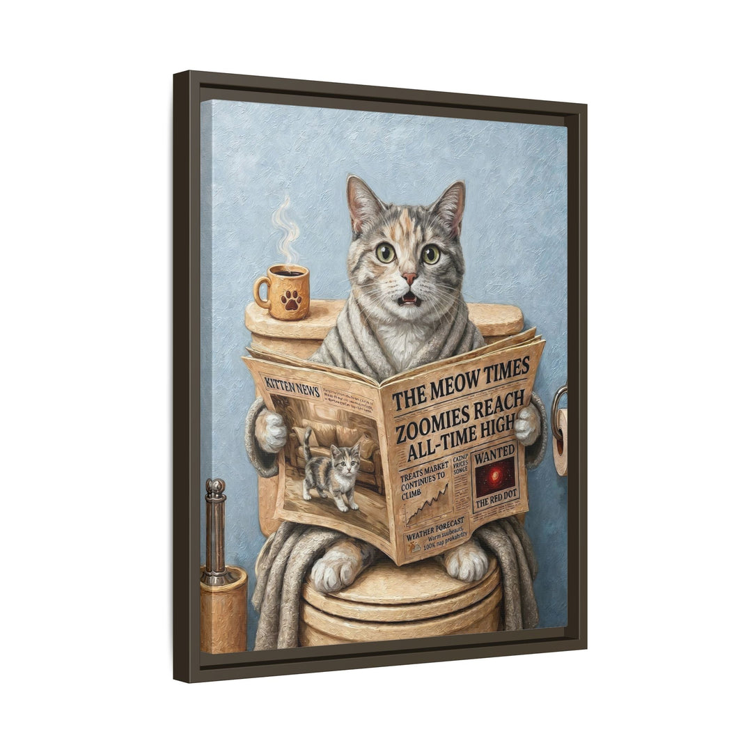 "Morning Business" - Dilute Calico Vertical Framed Canvas - Cat Lover Wall Art