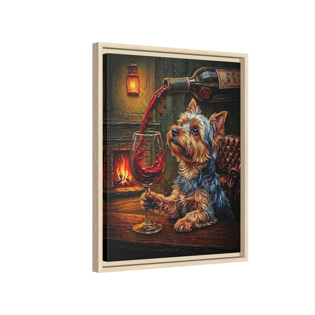 "Wine & Woof" - Yorkie Vertical Framed Canvas - Dog Lover Wall Art
