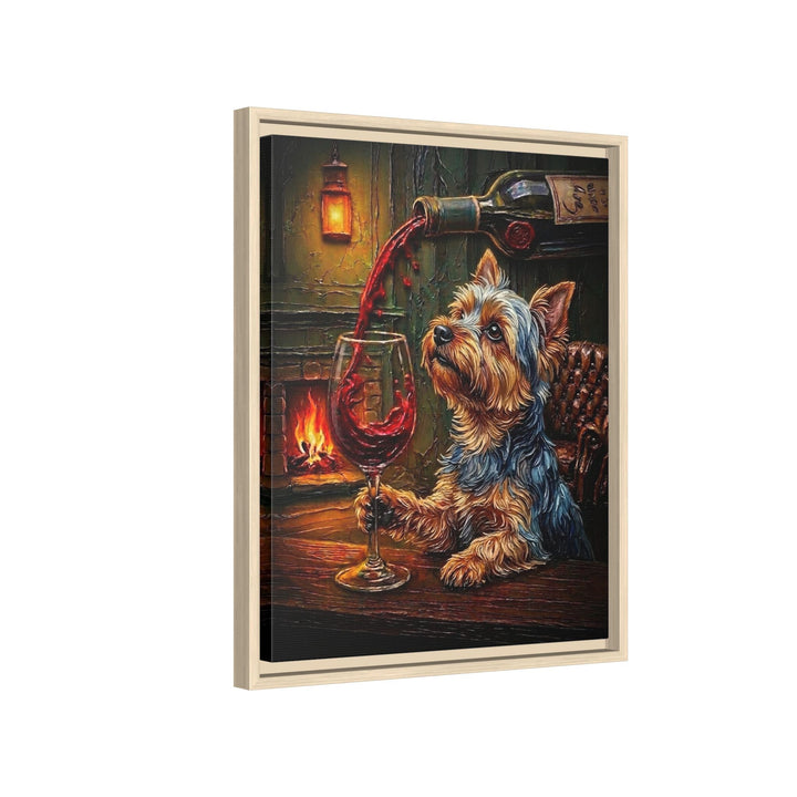 "Wine & Woof" - Yorkie Vertical Framed Canvas - Dog Lover Wall Art